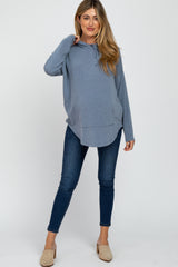 Blue Front Pocket Maternity Hooded Long Sleeve Top