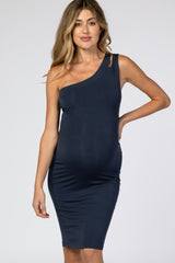 Navy One Shoulder Cutout Fitted Maternity Dress