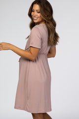 Mauve Short Sleeve Waist Tie Maternity Dress