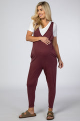 Burgundy V-Neck Maternity Jumpsuit