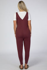 Burgundy V-Neck Maternity Jumpsuit