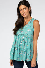 Mint Green Floral Print Tiered Maternity Tank Top