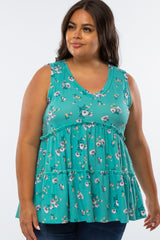 Mint Green Floral Print Tiered Plus Tank Top