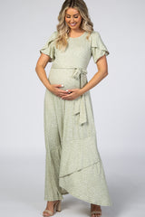 Light Olive Animal Print Wrap Hem Maternity Maxi Dress