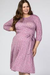 Lavender Floral Waist Tie Maternity Plus Midi Dress