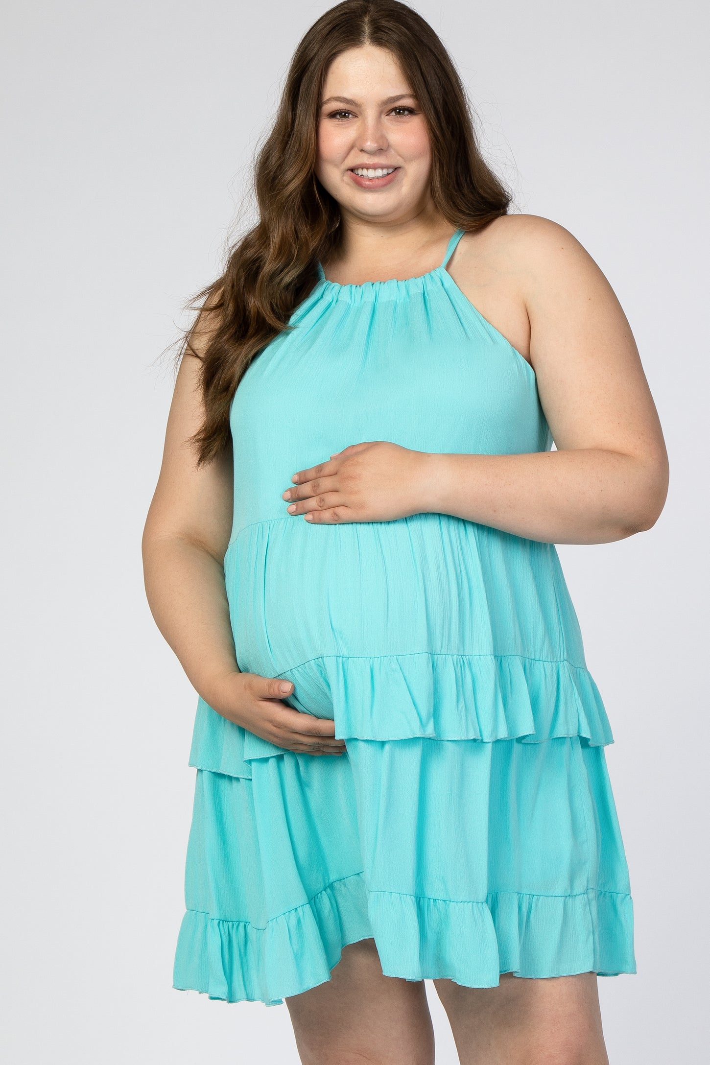 Aqua Halter Neck Tie Tiered Maternity Plus Dress