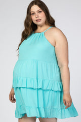 Aqua Halter Neck Tie Tiered Maternity Plus Dress