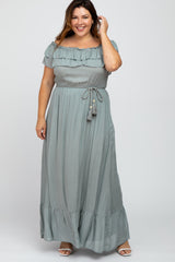 Sage Off Shoulder Tassel Tie Plus Maxi Dress