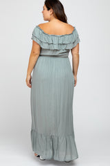 Sage Off Shoulder Tassel Tie Plus Maxi Dress