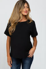 Black Rolled Cuff Short Sleeve Maternity Blouse