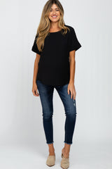 Black Rolled Cuff Short Sleeve Maternity Blouse