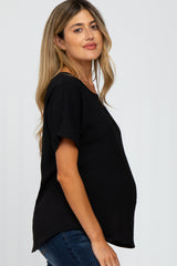 Black Rolled Cuff Short Sleeve Maternity Blouse