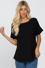 Black Rolled Cuff Short Sleeve Maternity Blouse