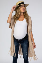 Taupe Open Crochet Knit Tassel Maternity Cardigan