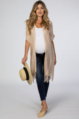 Taupe Open Crochet Knit Tassel Maternity Cardigan