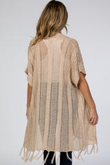 Taupe Open Crochet Knit Tassel Maternity Cardigan