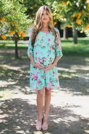 Petite Mint Floral Chiffon Maternity Dress