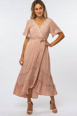 Mauve Embroidered Wrap Maternity/Nursing Midi Dress