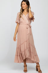 Mauve Embroidered Wrap Maternity/Nursing Midi Dress