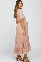 Mauve Embroidered Wrap Maternity/Nursing Midi Dress