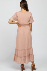 Mauve Embroidered Wrap Maternity/Nursing Midi Dress