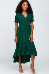 Forest Green Smocked Ruffle Hi-Lo Midi Dress