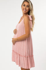 Pink Triangle Print Shoulder Tie Ruffle Hem Maternity Dress