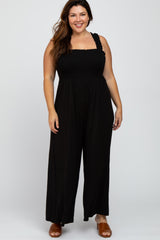 Black Smocked Ruffle Strap Maternity Plus Jumpsuit