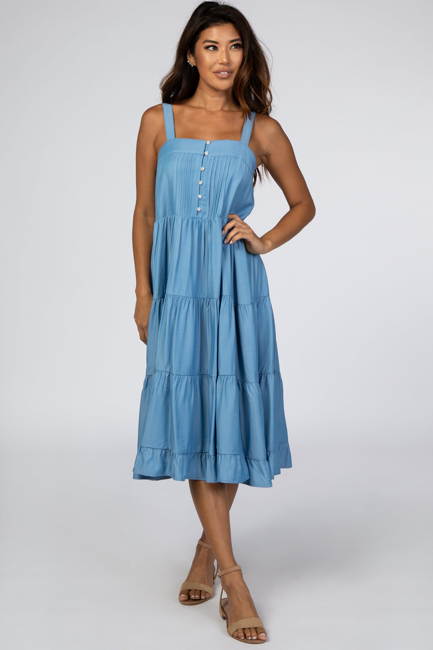 Blue Button Front Tiered Midi Dress