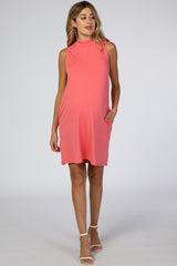 Coral Mock Neck Sleeveless Maternity Dress