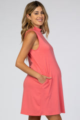 Coral Mock Neck Sleeveless Maternity Dress