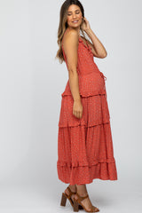 Coral Polka Dot Ruffle Tiered Maternity Midi Dress