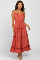 Coral Polka Dot Ruffle Tiered Maternity Midi Dress