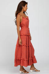 Coral Polka Dot Ruffle Tiered Midi Dress