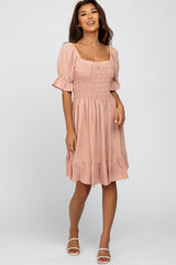 Mauve Smocked Puff Sleeve Dress