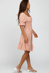 Mauve Smocked Puff Sleeve Dress