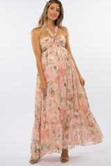 Peach Floral Chiffon Halter Neck Maternity Gown