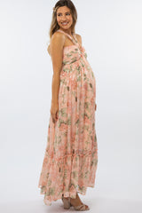 Peach Floral Chiffon Halter Neck Maternity Gown