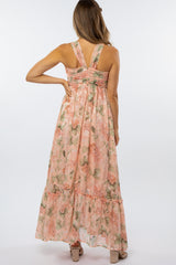 Peach Floral Chiffon Halter Neck Maternity Gown