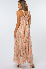 Peach Floral Chiffon Halter Neck Gown