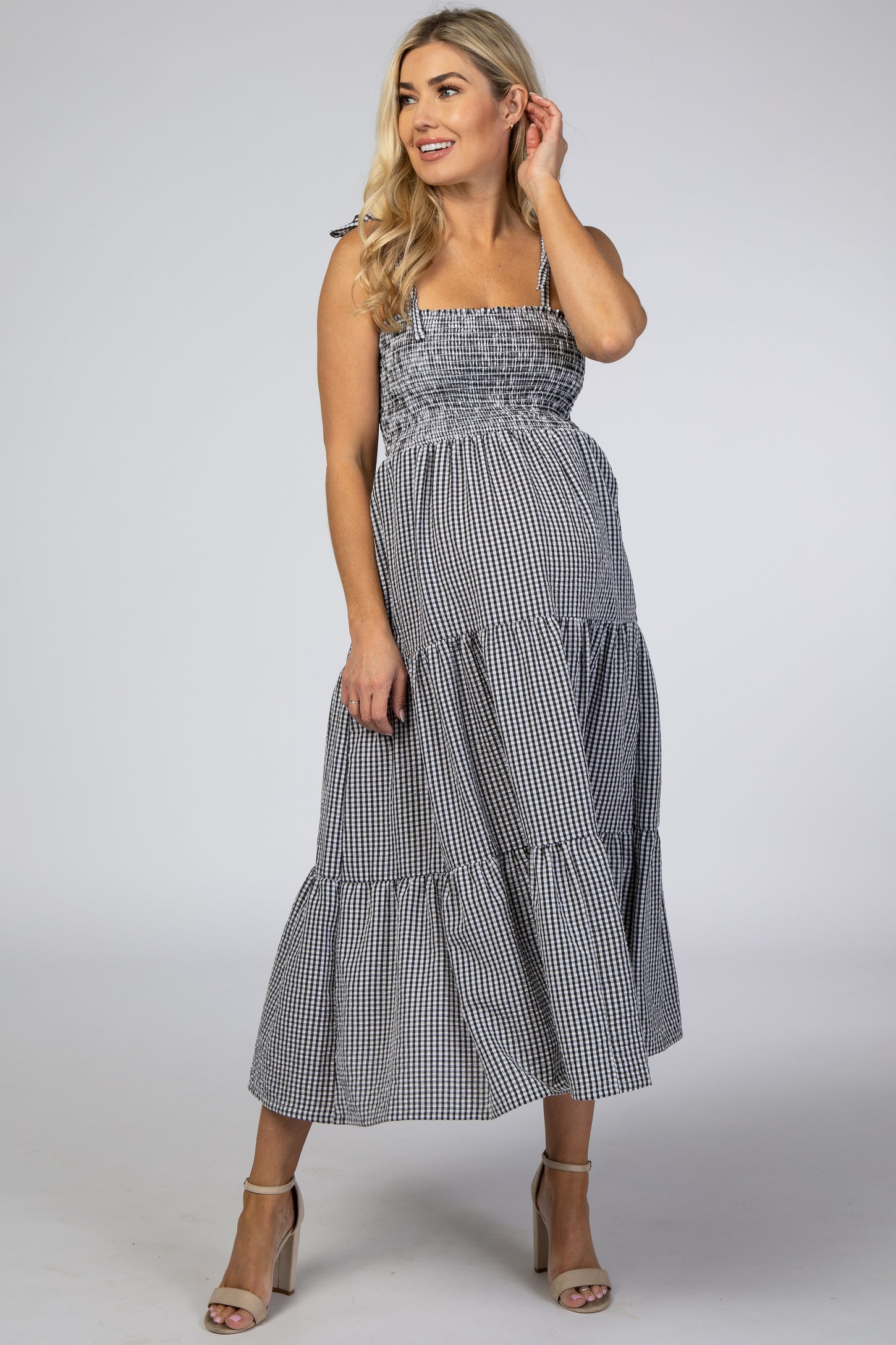 Black Checkered Tiered Maternity Midi Dress