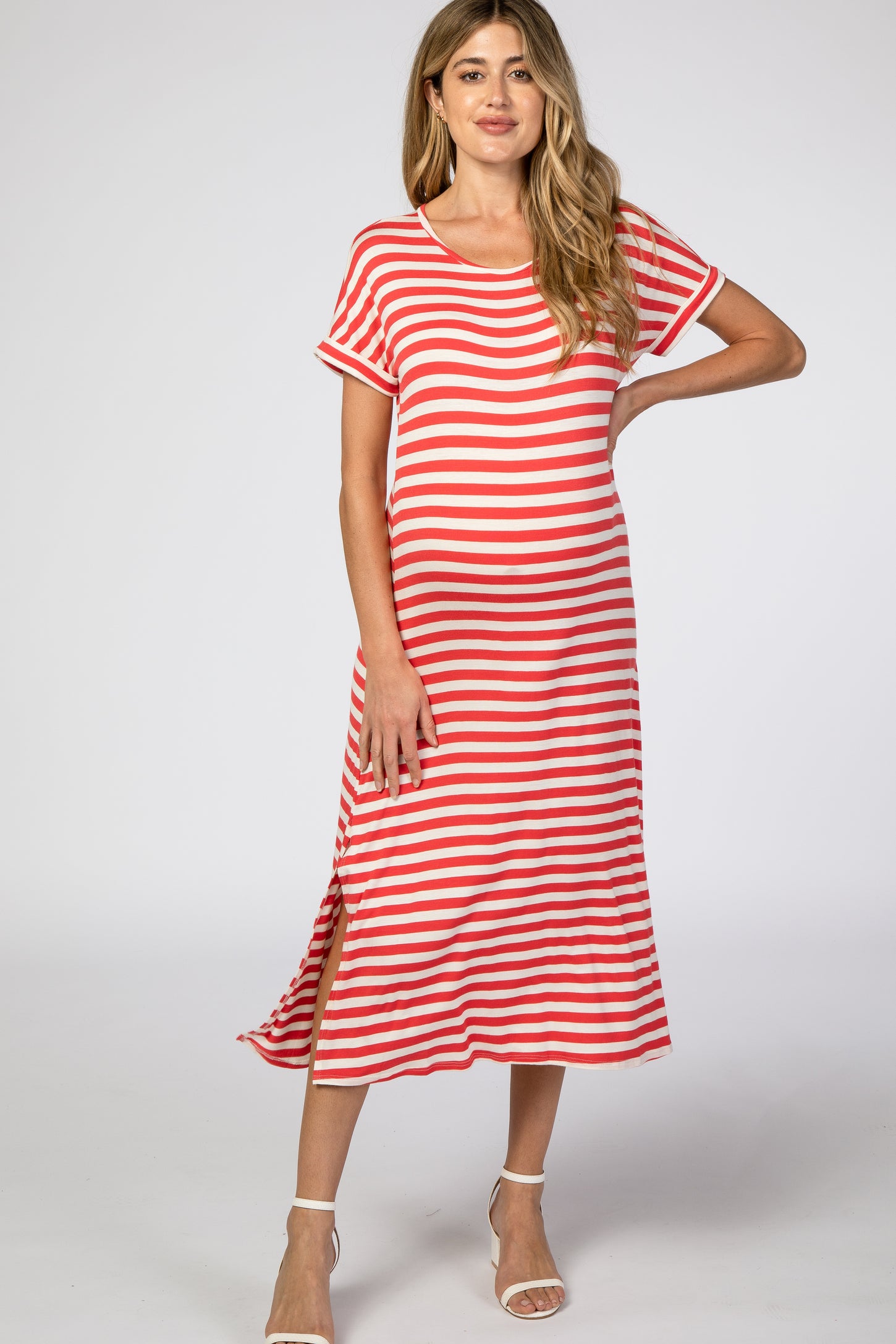 Coral Striped Maternity T-Shirt Dress