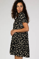 Black Floral Collared Button Front Tiered Dress