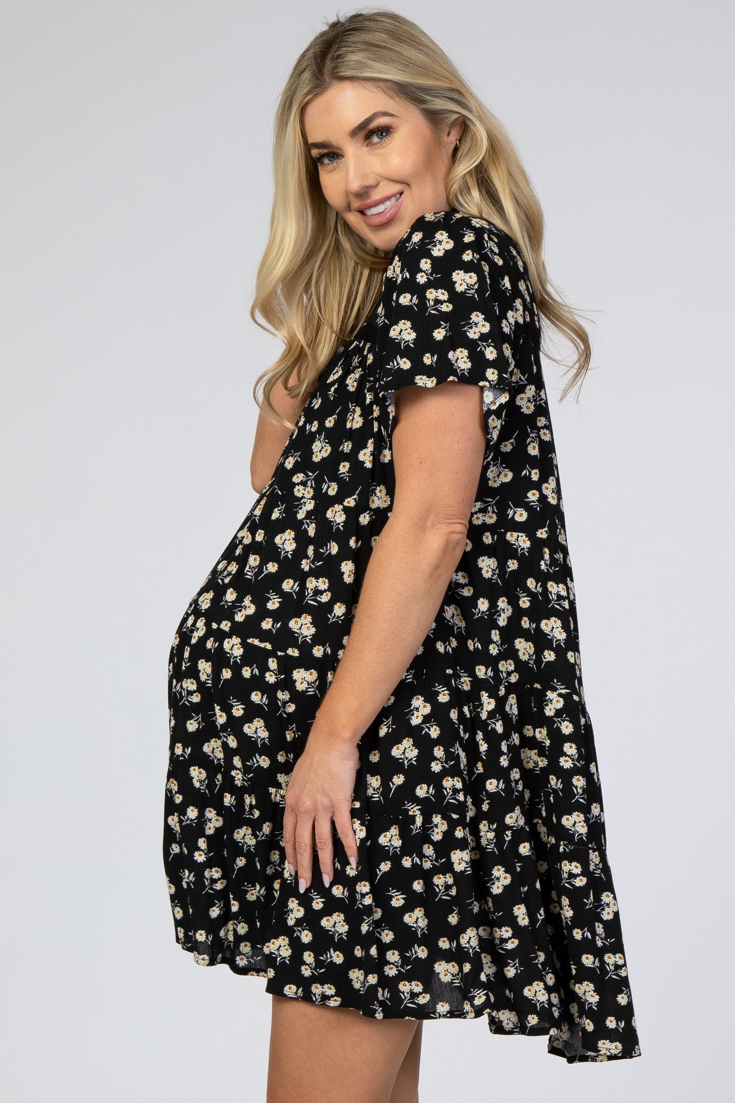 Black Floral Collared Button Front Tiered Maternity Dress