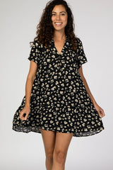 Black Floral Collared Button Front Tiered Dress