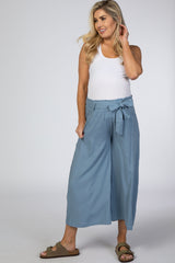 Blue Linen Waist Tie Crop Wide Leg Maternity Pants