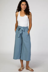 Blue Linen Waist Tie Crop Wide Leg Maternity Pants