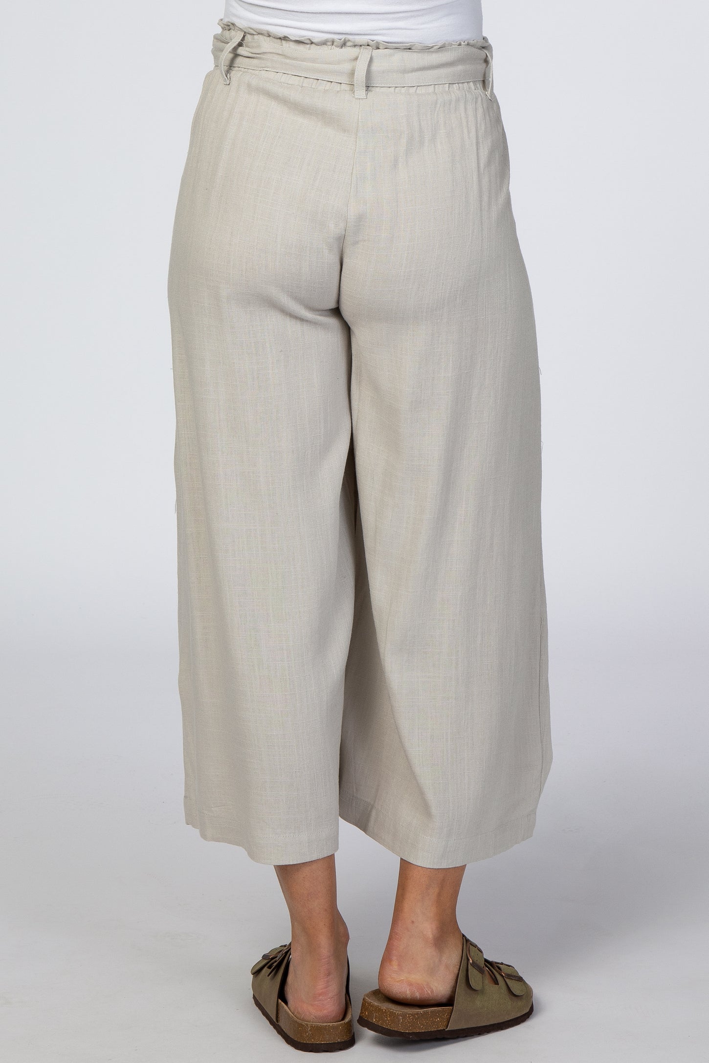 Taupe Linen Waist Tie Crop Wide Leg Maternity Pants