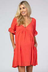 Coral Lace Ruffle Sleeve Maternity Babydoll Dress