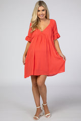 Coral Lace Ruffle Sleeve Maternity Babydoll Dress